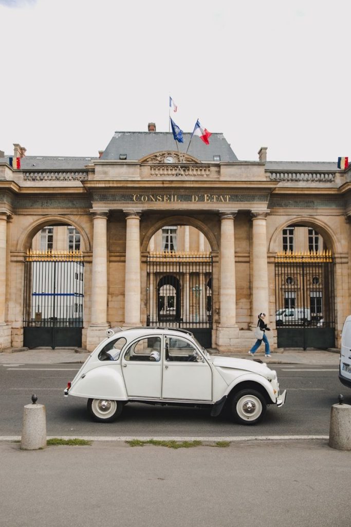 A white car parked in front of a building